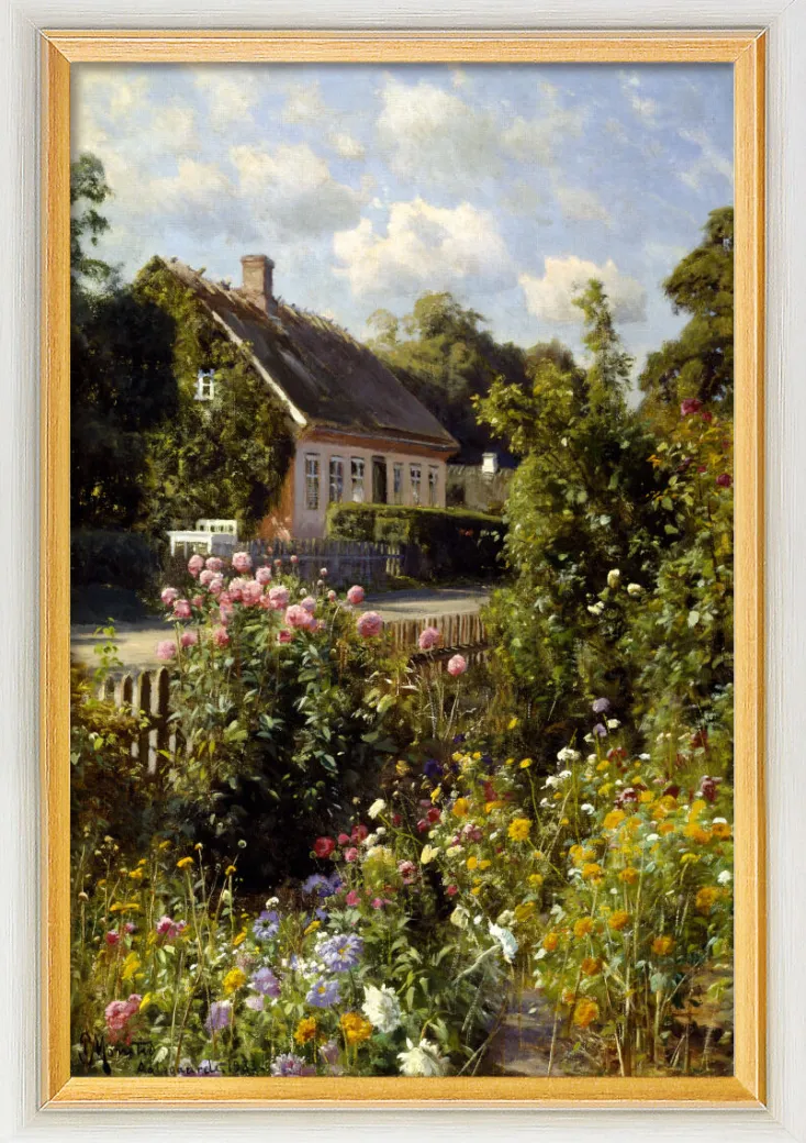 Ars mundi Alle Werke<Peder Mork Mönsted: Bild »Blühender Vorgarten, Aalsgaarde« (1933), weiß-gold